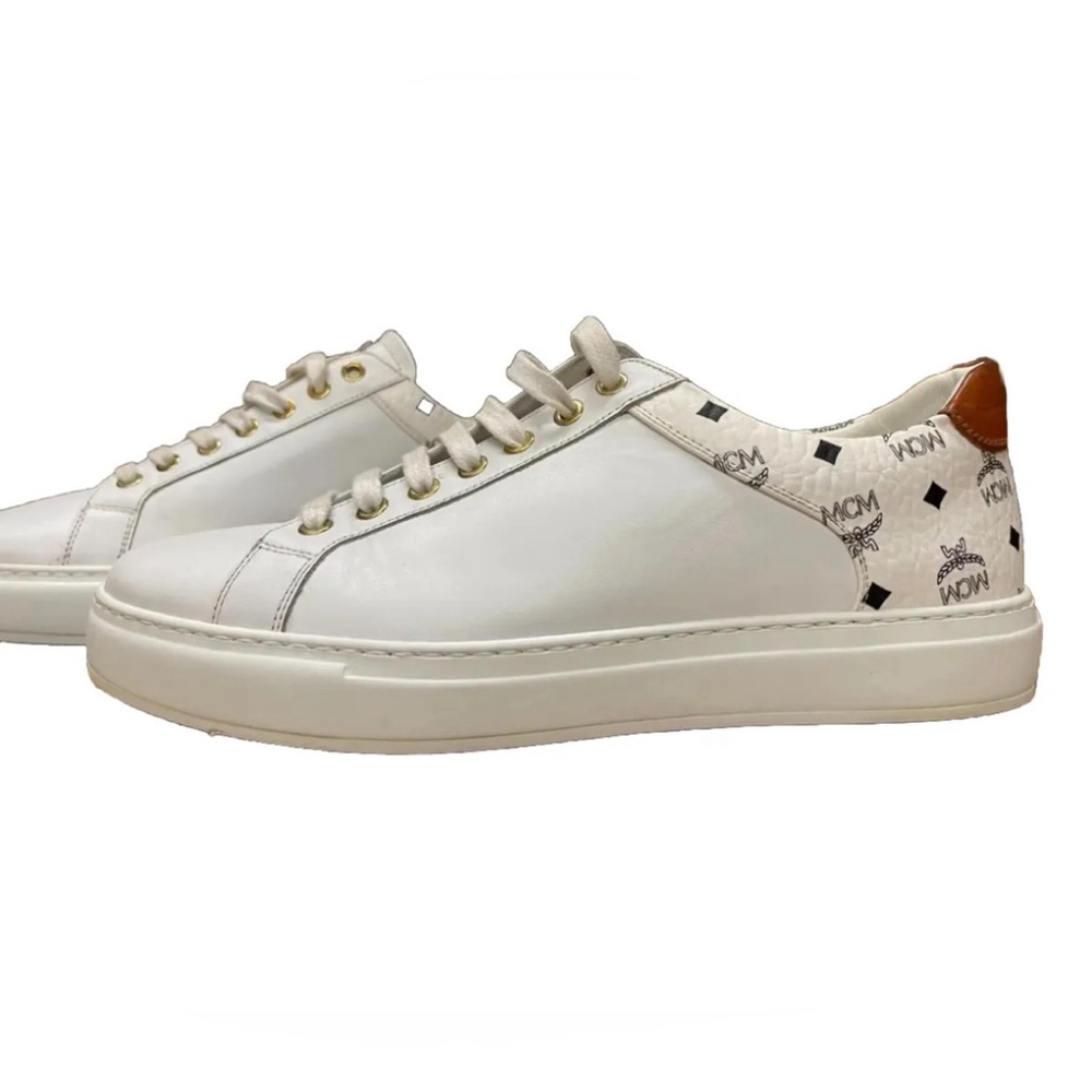 Men’s White Low Top Leather Visetros Monogram Brown Trim Size 9